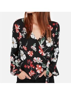 Express Floral Wrap Blouse - Black with Red & White Flowers